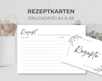 Recipe cards | A6 & A4 PDF template | various layouts | minimalist design | recipe template for home printing | kitchen organization