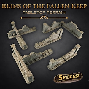May include: Ruins of the Fallen Keep tabletop terrain set consisting of five gray stone wall sections with jagged, weathered edges. The pieces feature realistic masonry textures and broken architectural details for miniature gaming setups.