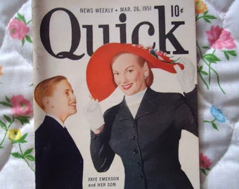 QUICK, PAPERBACK DIGEST, 1951, Hollywood Actress, Faye Emerson, Weekly Tabloid, Pocket Edition, Magazine, Explore Now!, embrace123@etsy