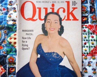 QUICK, PAPERBACK DIGEST, 1951, Soprano, Marguerite Piazza, Weekly Tabloid, Pocket Edition, Magazine, Explore Now!, embrace123@etsy