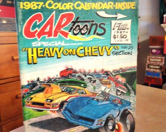 CARtoons CAR MAGAZINE, 1987, Color Calendar Poster Inside, Special Section Heavy On Chevy, Hot Rod Side Show, Explore Now!, embrace123@etsy