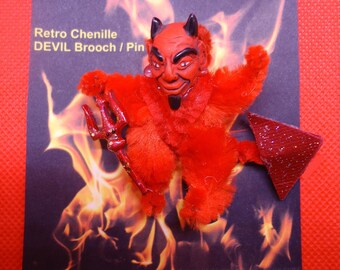 RED DEVIL PIN, Devil Brooch, Chenille, Handcrafted, Retro Roaring 20s, Distinctive, Unique, Carded, Satan Pin, Explore Now!, embrace123@etsy