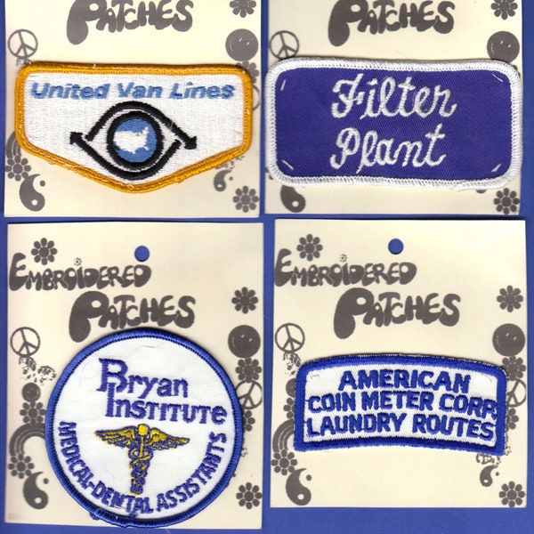 ADVERTISING BUSINESS PATCHES, Four (4), American Coin Meter, Bryan Institute, Filter Plant, United Van Lines, Explore Now!, embrace123@etsy