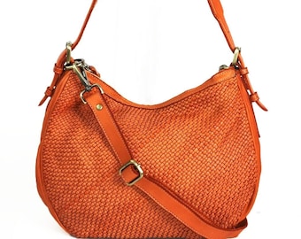 Italian Orange sOFT Woven Leather Crossbody Bag, Customizable,  Slouchy Shoulder Bag Handbag, Handmade Woven Orange Leather Purse, Anael