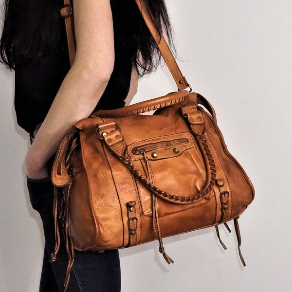 Sac femme en cuir italien cognac, personnalisable, fourre-tout en cuir souple pour femme, fermeture éclair de sac en cuir, sac à main en cuir Italie, sac à main italien, Acker