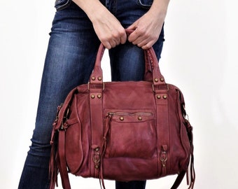 Soft Italian Red Wine Leather Bag, Customizable, Womens Leather Crossbody Bag Zipper, Leather Messenger Bag, Italian Leather Handbag, Acker