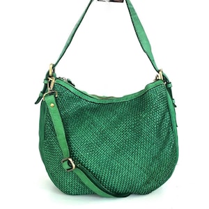 Bolso bandolera de piel tejida italiana suave color verde bosque, personalizable, bolso de hombro tejido, bolso de mano suave, monedero de piel tejida hecho a mano, Anael