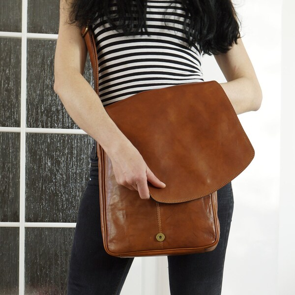 Tan Leather Messenger, Leather Cross-body Bag, Leather Laptop Bag, Leather Laptop Bag, Leather Messenger Bag, "TOM", antique finish