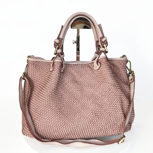 Baby Pink Woven Leather Bag, Soft Woven Handbag, Leather Tote Woman, Handmade Shoulder Bag, Italy Tote Bag, Handmade Crossbody Bag, Elza