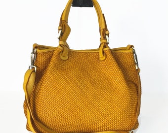 Yellow Woven Leather Bag, Soft Woven Handbag, Leather Tote Woman, Handmade Shoulder Bag, Large Tote Bag, Handmade Crossbody Bag, Elza