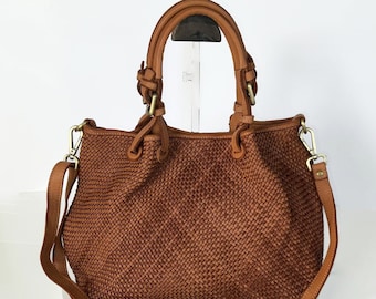 Cognac Woven Leather Bag, Soft Woven Handbag, Leather Tote Woman, Handmade Shoulder Bag, Large Tote Bag, Modern Leather Crossbody Bag, Elza