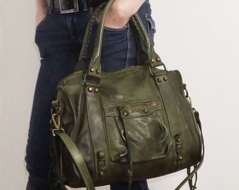 Militärgrüne italienische Ledertasche für Damen, italienische Umhängetasche, weiche Lederhandtasche, Leder-Umhängetasche, italienische Leder-Einkaufstasche, ACKER