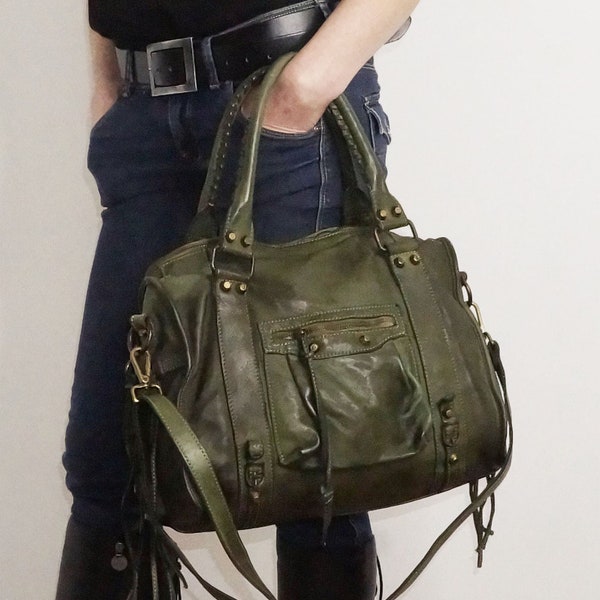 Militärgrüne italienische Ledertasche für Damen, italienische Umhängetasche, weiche Lederhandtasche, Leder-Umhängetasche, italienische Leder-Einkaufstasche, ACKER