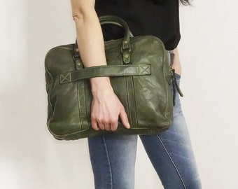 Zachtgroene Italiaanse leren aktetas, Slouchy handtas Italië, schoudertas, schooltas, Printz