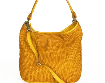 Italian Yellow Soft Woven Leather Crossbody Bag, Slouchy Shoulder Bag Handbag, Customizable, Handmade Woven Yellow Leather Purse, Rose