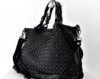 Soft Black Woven Italian Leather Tote Bag, Customizable, Black Woven Italian Handbag, Leather Purse, Handmade Woven Leather Purse, Elow