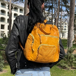 Yellow Soft Leather Backpack, Woven Italian Backpack, Handmade Leather Backpack for Women, Customizable, Leather Backpacks, Jerry,