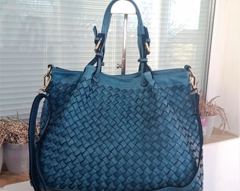 Soft Teal Blue Woven Italian Leather Tote Bag, Customizable, Italain Woven Italian Handbag, Slouchy Bag, Handmade Woven Leather Purse, Elow