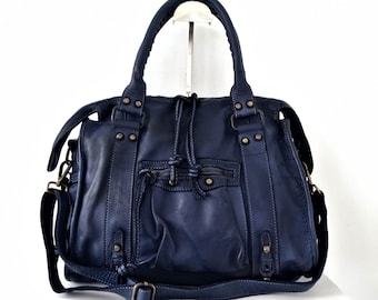 Italienische Dunkelblaue Ledertasche, Leder Umhängetasche, Leder Umhängetasche, Ledertasche Reißverschluss, Moderne Lederhandtasche, ACKER