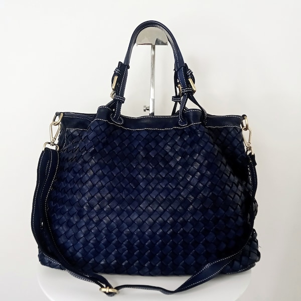 Soft Navy Blue Woven Italian Leather Tote Bag, Customizable, Black Woven Italian Handbag, Leather Purse, Handmade Woven Leather Purse, Elow