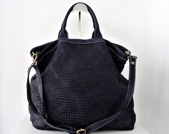 Dark Blue Woven Leather Tote with zipper, Customizable, Leather Handbag, Leather Tote bag, Leather Crossbody Bag, Womens Leather Purse Amber