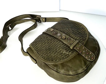 Small Military Green Woven Leather Crossbody Bag, Soft  Handmade Woven Leather Purse, Customizable, Italian Shoulder Bag, Woven Purse, Romy