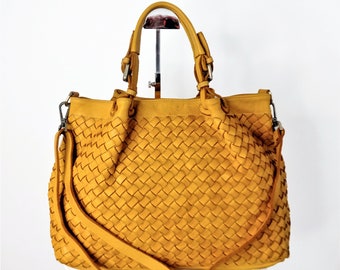 Yellow Woven Leather Bag, Customizable, Soft Handbag Italy, Large Tote Woman, Crossbody Bag, Elow