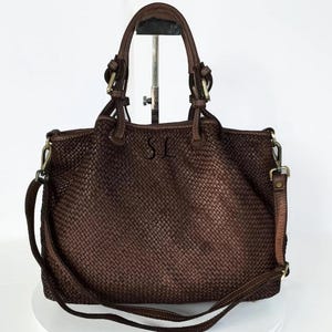 Bolso de piel tejida marrón oscuro, bolso de mano tejido suave, bolso de mano de piel para mujer, bolso de hombro hecho a mano, bolso de mano italiano, bolso bandolera hecho a mano, Elza