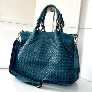 Bolso de mano de cuero italiano tejido en azul verdoso suave, personalizable, bolso de mano italiano tejido, bolso holgado, bolso de cuero tejido hecho a mano, Elow
