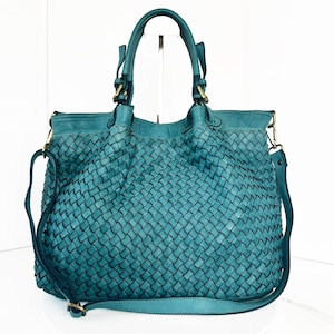 Borsa tote in pelle intrecciata color cognac, borsa morbida italiana, grande borsa a tracolla Italia, Elow Turquoise LARGE