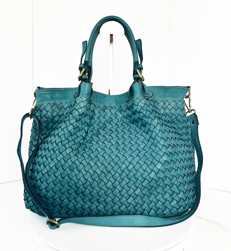 Borsa tote in pelle intrecciata color cognac, borsa morbida italiana, grande borsa a tracolla Italia, Elow Turquoise LARGE