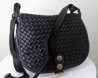 Black Soft Italian Woven Leather Crossbody Bag, Soft Italian Woven Leather Purse, Customizable, Soft Black Woven Handbag Italy, Gemma