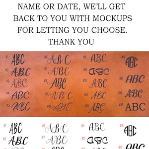 Pu&ograve; includere: Primo piano di 19 diversi stili di font per le lettere "ABC". I font sono numerati da 1 a 19. L'immagine &egrave; su uno sfondo di pelle marrone.  WE OFFER FREE LASER ENGRAVING. PLEASE, LEAVE INITIALS, NAME OR DATE, WE'LL GET BACK TO YOU WITH MOCKUPS FOR LETTING YOU CHOOSE. THANK YOU
