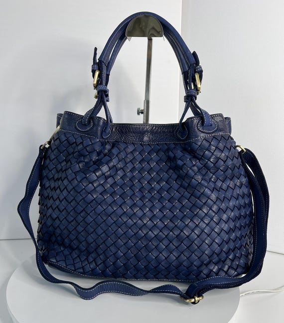 Soft Navy Blue Woven Leather Tote Bag, Italian Woven Handbag
