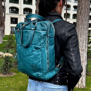 Teal Blue Large Soft Leather Backpack Unisex, Teal Blue Italian Bag Handbag, Customizable, Handmade Leather Backpack, Leather Backpack, Roni