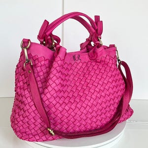 Bolso tote de piel italiana tejida fucsia suave, personalizable, bolso italiano tejido fucsia, monedero de piel, monedero de piel tejido a mano, Elow
