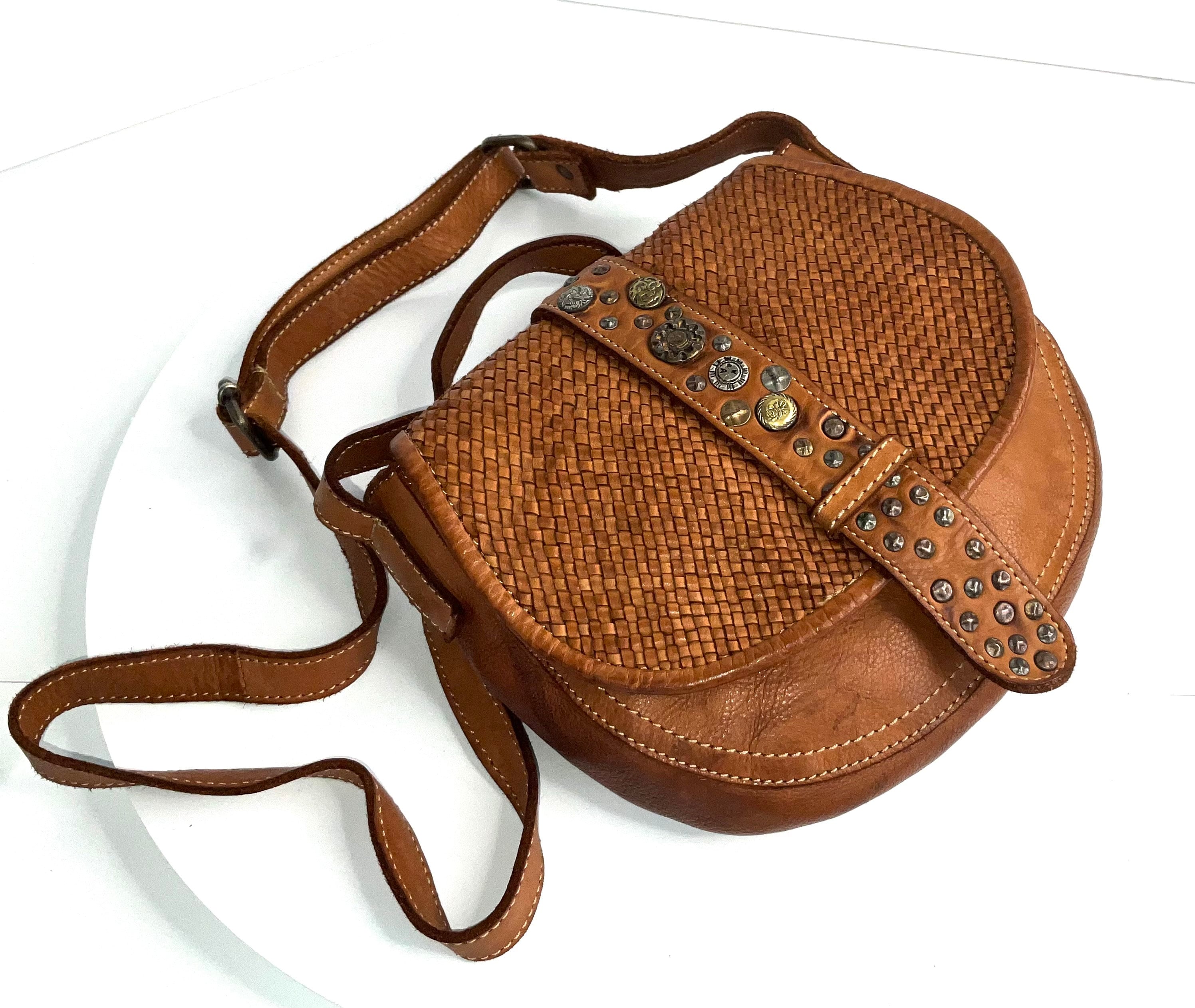 Small Cognac Woven Leather Crossbody Bag Soft Handmade Woven 
