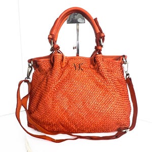 Orange Woven Leather Bag, Orange Italian Handbag, Leather Tote Woman Italy, Handmade Shoulder Bag, Modern Leather Crossbody Bag, Elza
