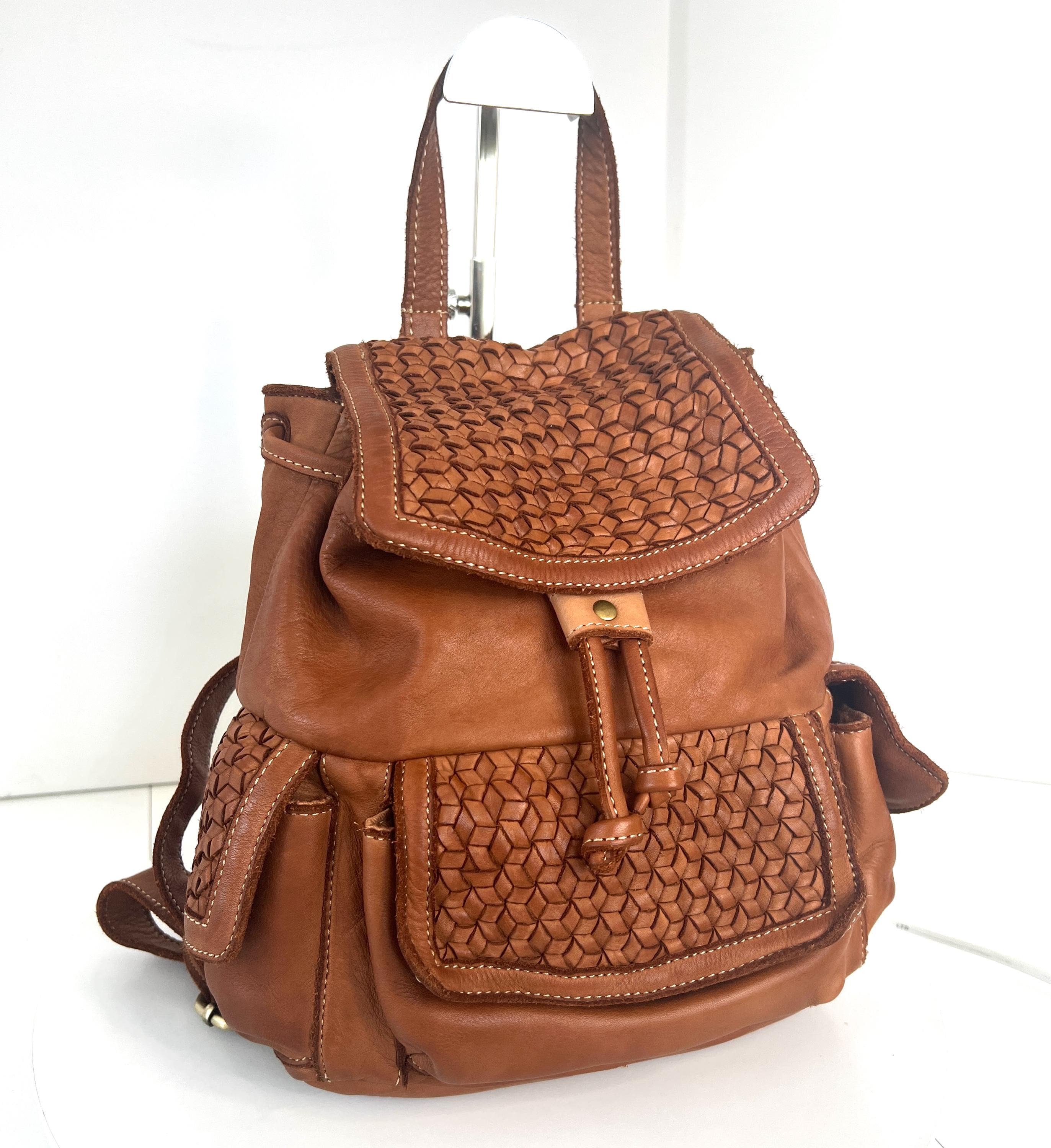 Small Cognac Soft Leather Backpack, Small Woven Backpack Italy, Small Italian Handmade Leather Backpack for Women, Customizable, Lola