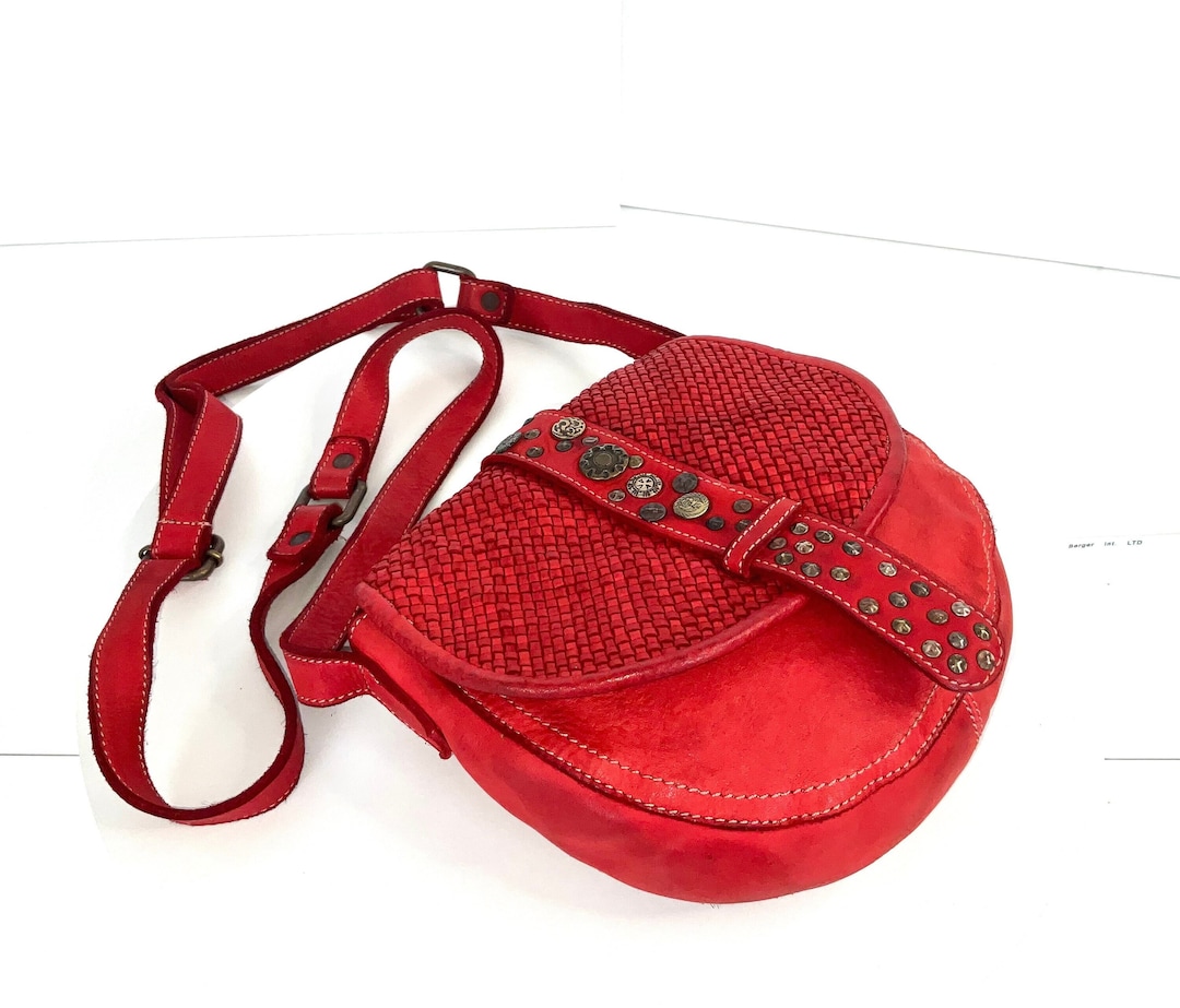 Small Red Woven Leather Crossbody Bag, Soft Handmade Woven Leather