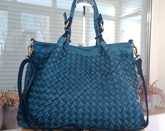 Dark Brown Woven Leather Tote Bag, Customizable, Soft Dark