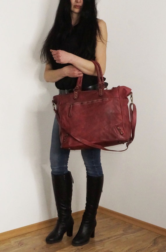 Red Personalized Leather Tote Bag, Leather Handbag