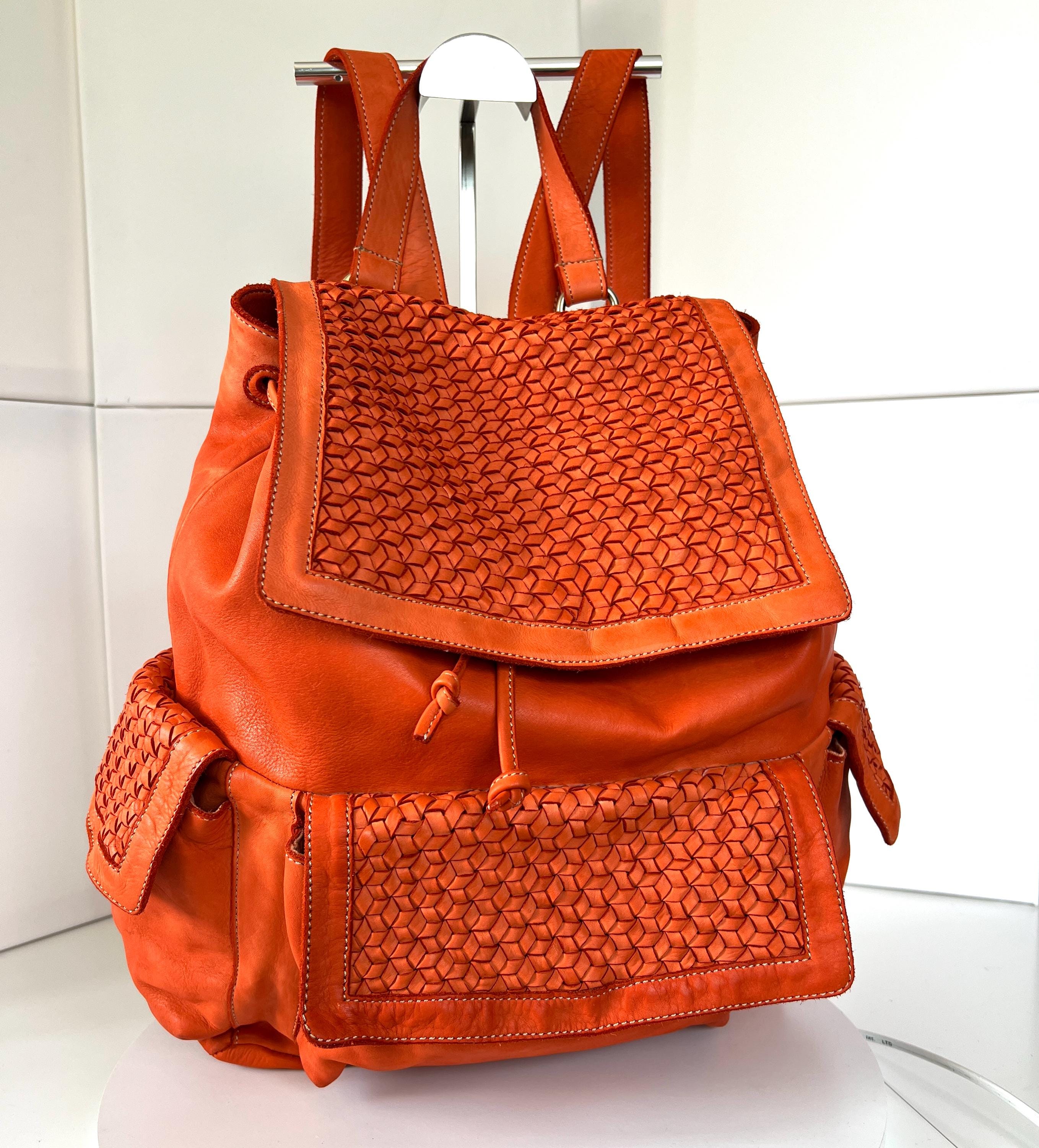 Large Orange Italian Leather Backpack, Woven Soft Backpacks 