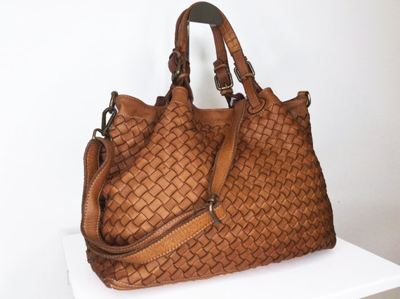 Cognac Woven Leather Bag Soft Woven Handbag Leather Tote 