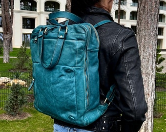 Teal Blue Large Soft Leather Backpack Unisex, Teal Blue Italian Bag Handbag, Customizable, Handmade Leather Backpack, Leather Backpack, Roni