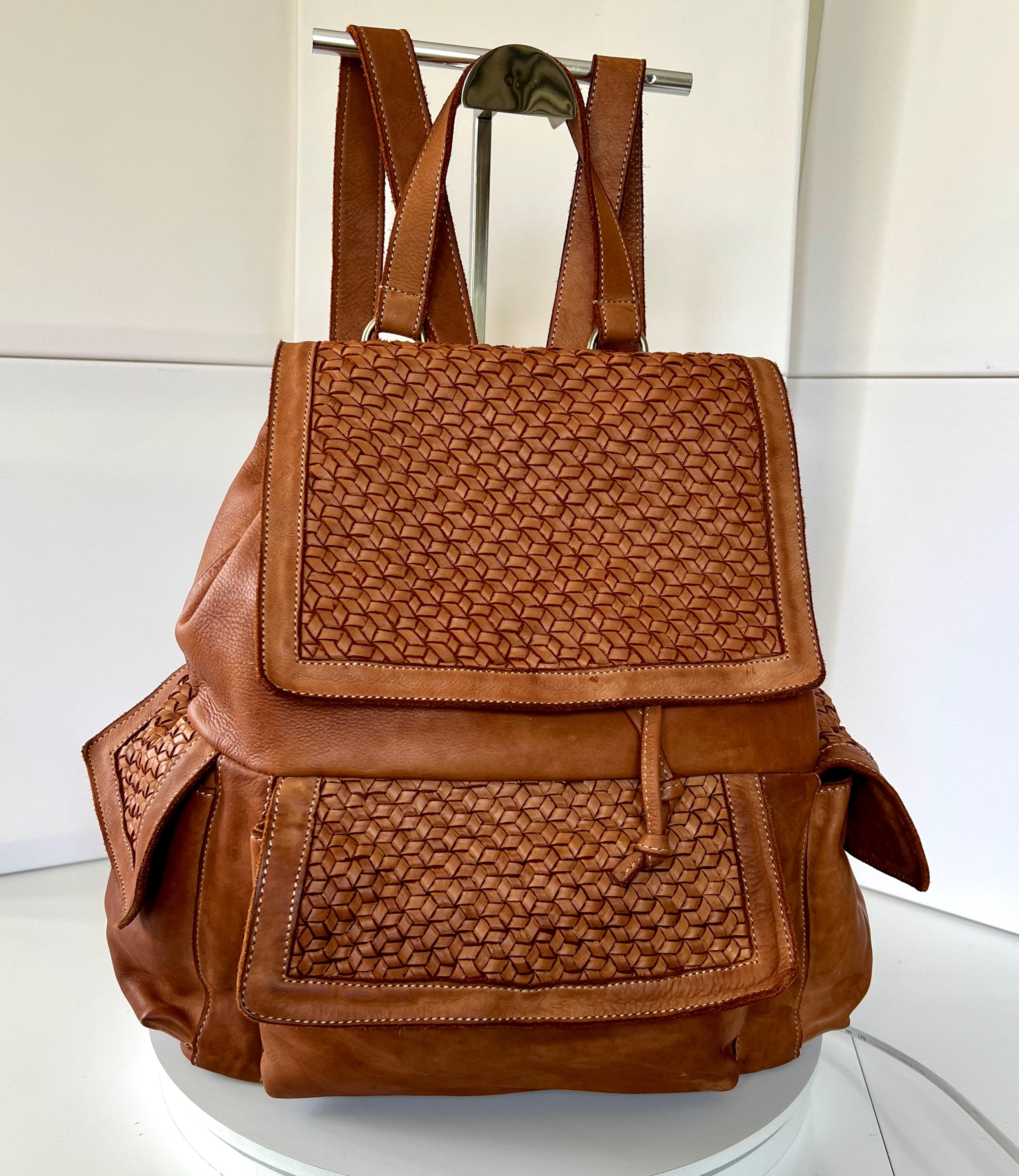 Large Orange Italian Leather Backpack, Woven Soft Backpacks 