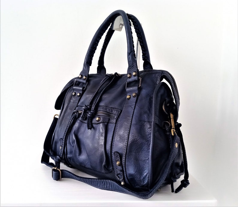 Black Italian Leather Bag, Customizable, Soft Leather Crossbody Purse, Italian Handmade Leather Handbag, Soft Leather Bag zipper, ACKER Dark blue