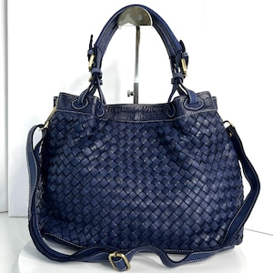 Soft Navy Blue Woven Leather Tote Bag, Italian Woven Handbag, Customizable, Handmade Shoulder Bag, Leather Crossbody Bag, Elow
