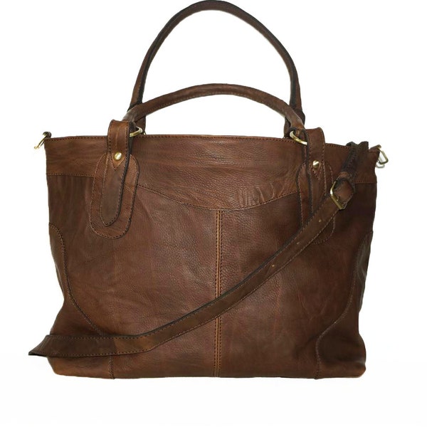 BROWN leather tote bag // Leather cross-body bag Nora XL BIS fits a 17" laptop, Vintage Look