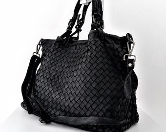 Soft Black Woven Italian Leather Tote Bag, Customizable, Black Woven Italian Handbag, Leather Purse, Handmade Woven Leather Purse, Elow